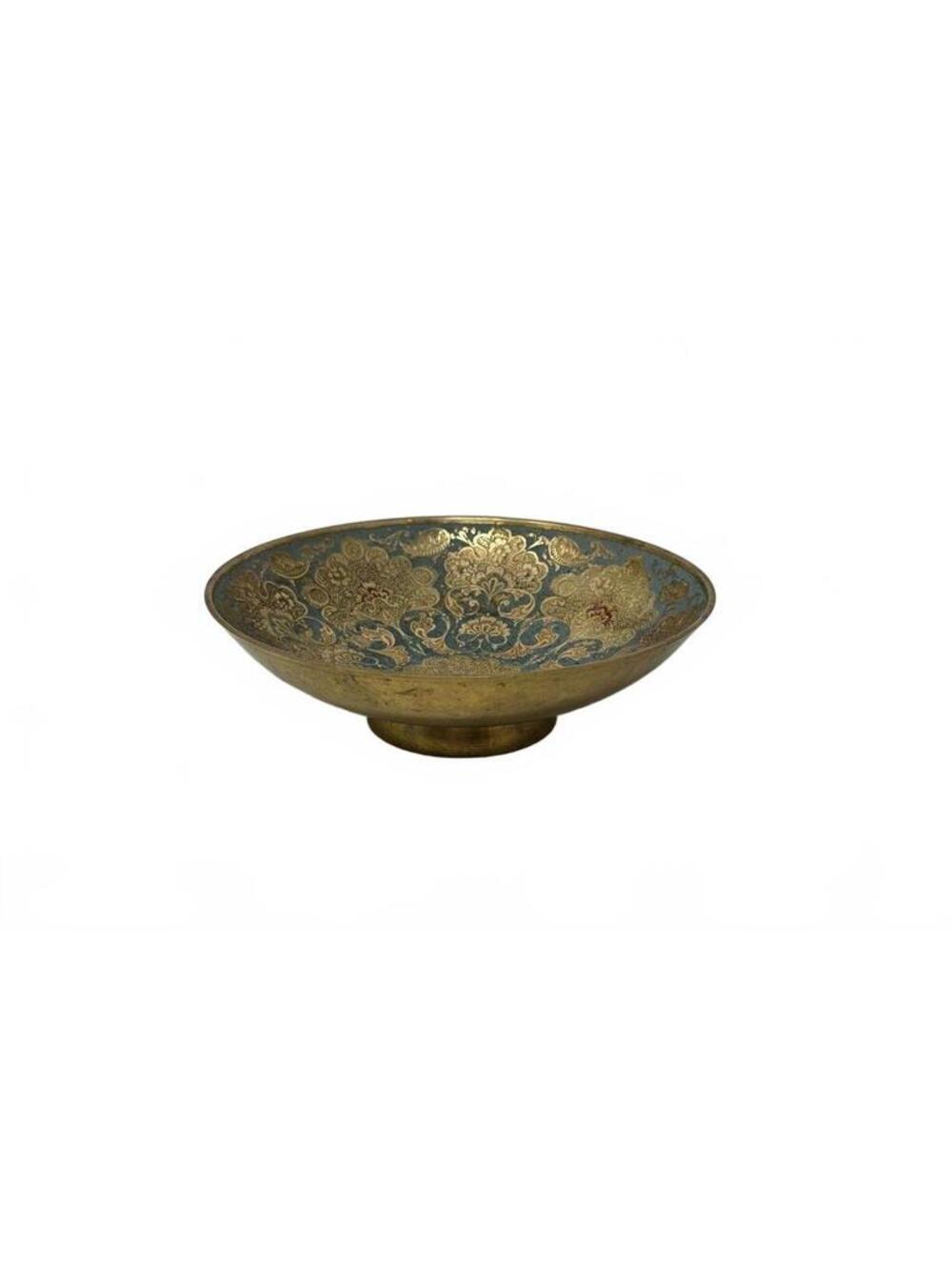 Vintage Brass Tone Pedestal Bowl Blue Floral Enamel Meenakari Style